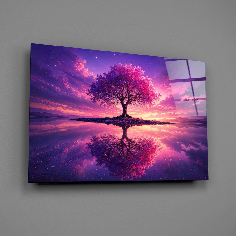 Violet Blossom Tree Twilight Reflection Glass Wall Art