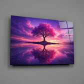 Violet Blossom Tree Twilight Reflection Glass Wall Art