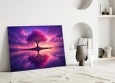 Violet Blossom Tree Twilight Reflection Glass Wall Art