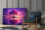Violet Blossom Tree Twilight Reflection Glass Wall Art
