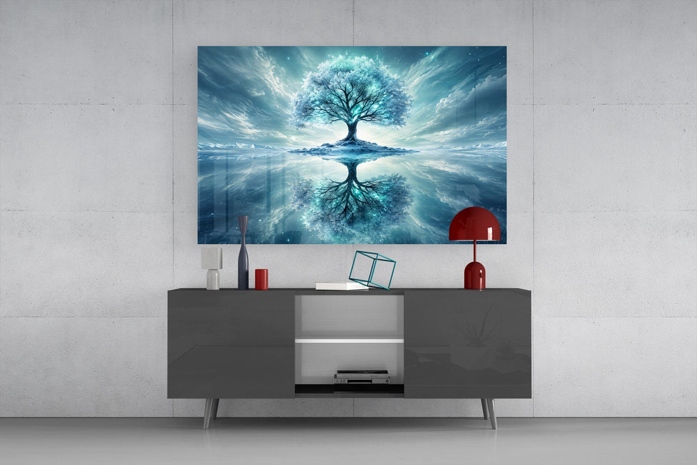 Frozen Blue Tree Winter Mirror Glass Wall Art