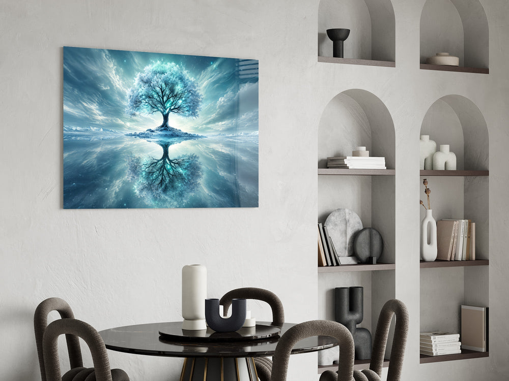 Frozen Blue Tree Winter Mirror Glass Wall Art