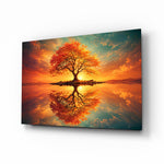 Autumn Amber Tree Sunset Reflection Glass Wall Art