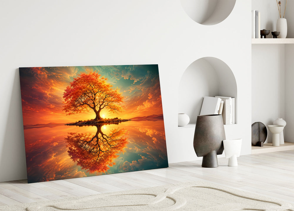 Autumn Amber Tree Sunset Reflection Glass Wall Art