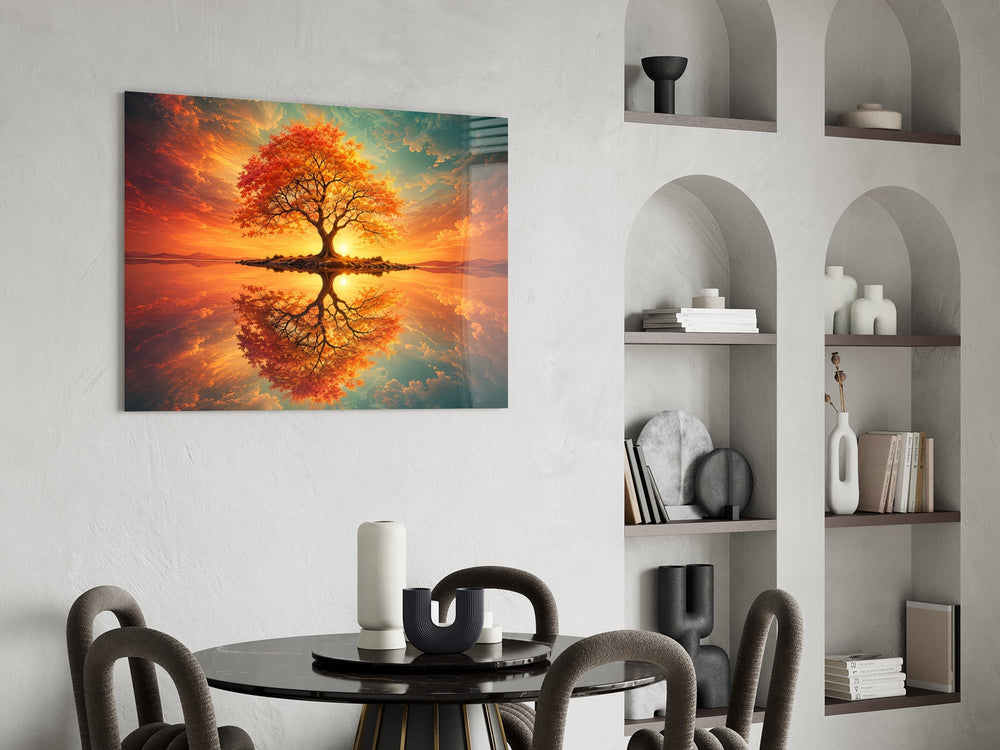 Autumn Amber Tree Sunset Reflection Glass Wall Art