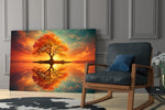 Autumn Amber Tree Sunset Reflection Glass Wall Art