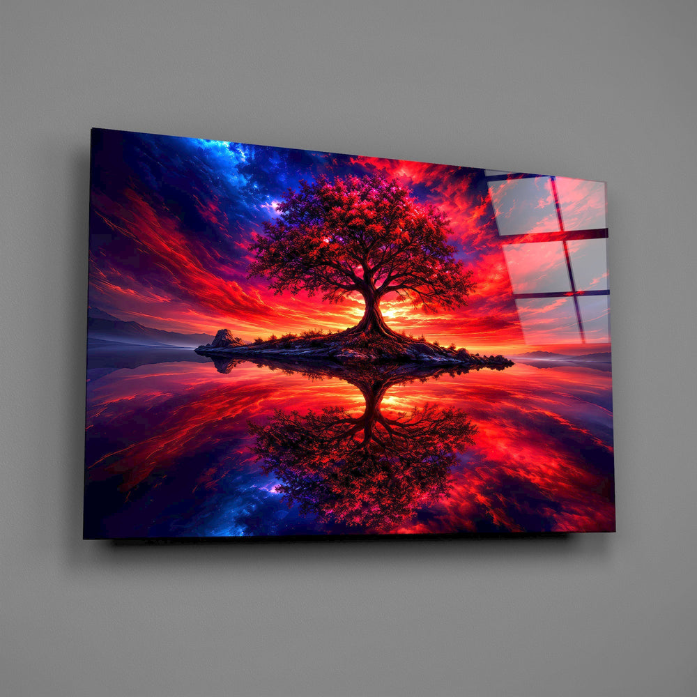 Crimson Tree Fiery Sky Cosmic Glass Wall Art