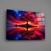 Crimson Tree Fiery Sky Cosmic Glass Wall Art