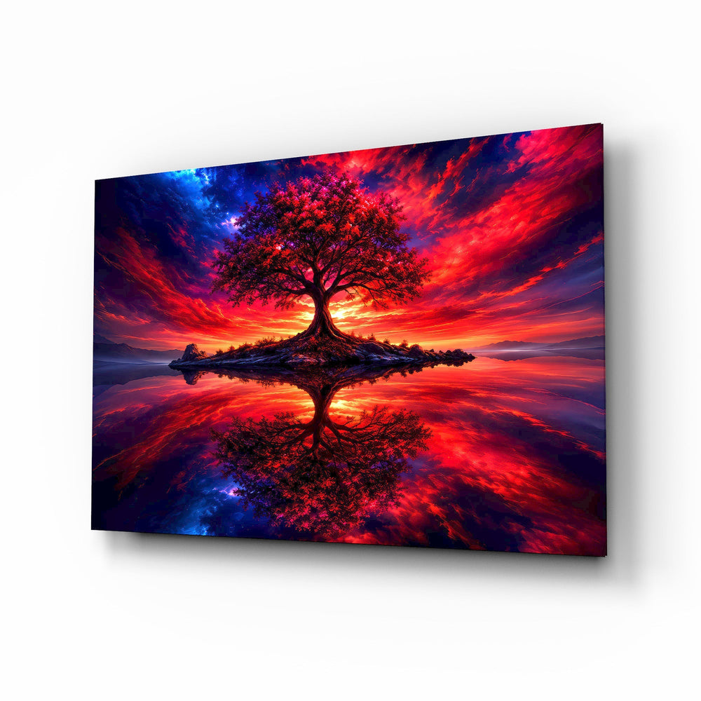 Crimson Tree Fiery Sky Cosmic Glass Wall Art