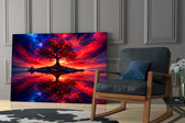 Crimson Tree Fiery Sky Cosmic Glass Wall Art