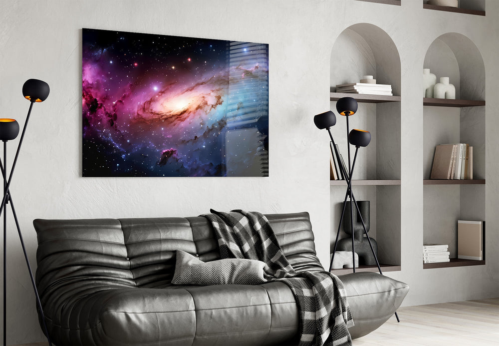 Pink and Blue Spiral Galaxy Nebula Glass Wall Art