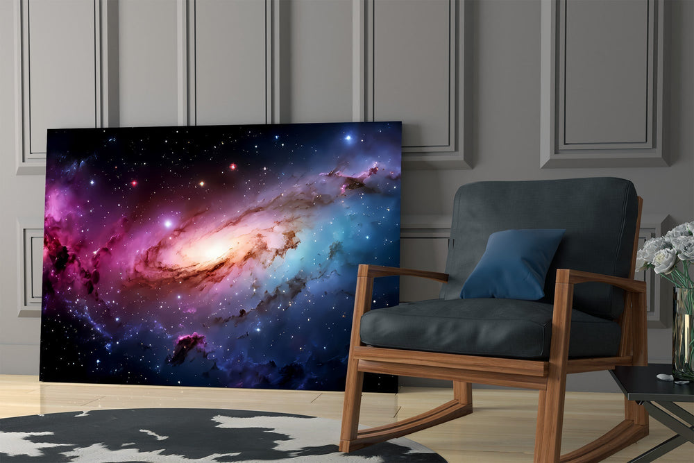 Pink and Blue Spiral Galaxy Nebula Glass Wall Art