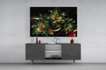 Emerald and Gold Lilies Black Glass Wall Art