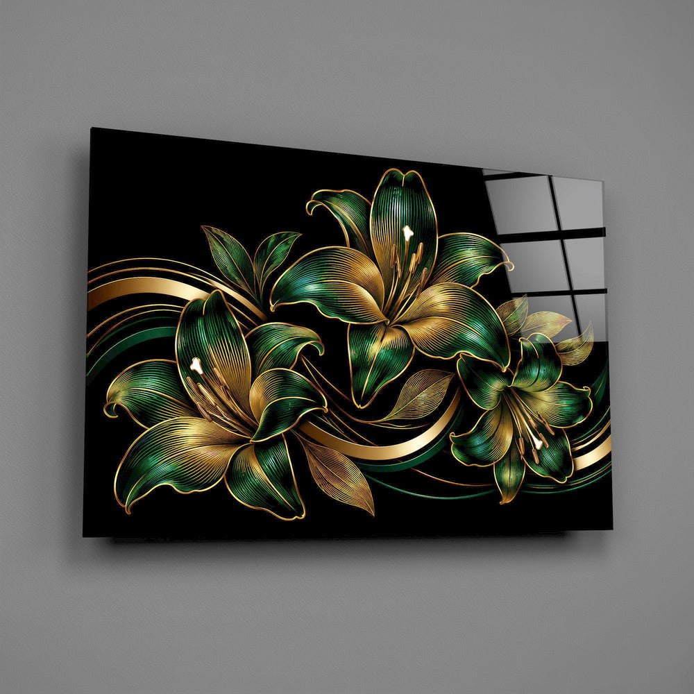 Emerald and Gold Lilies Black Glass Wall Art