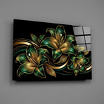 Emerald and Gold Lilies Black Glass Wall Art