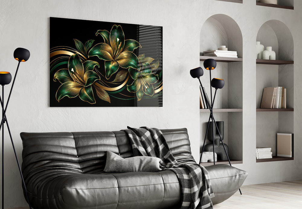 Emerald and Gold Lilies Black Glass Wall Art