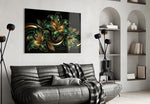 Emerald and Gold Lilies Black Glass Wall Art