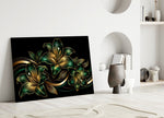 Emerald and Gold Lilies Black Glass Wall Art