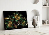 Emerald and Gold Lilies Black Glass Wall Art