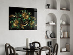 Emerald and Gold Lilies Black Glass Wall Art