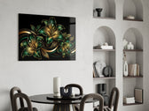 Emerald and Gold Lilies Black Glass Wall Art