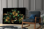 Emerald and Gold Lilies Black Glass Wall Art