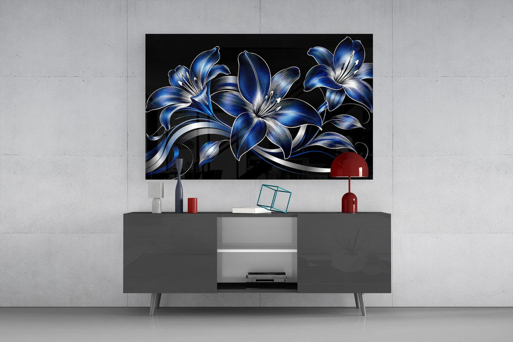 Sapphire Blue and Silver Lilies Glass Wall Art
