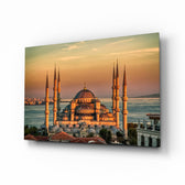Golden Sunset Six-Minaret Mosque Glass Wall Art