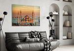 Golden Sunset Six-Minaret Mosque Glass Wall Art