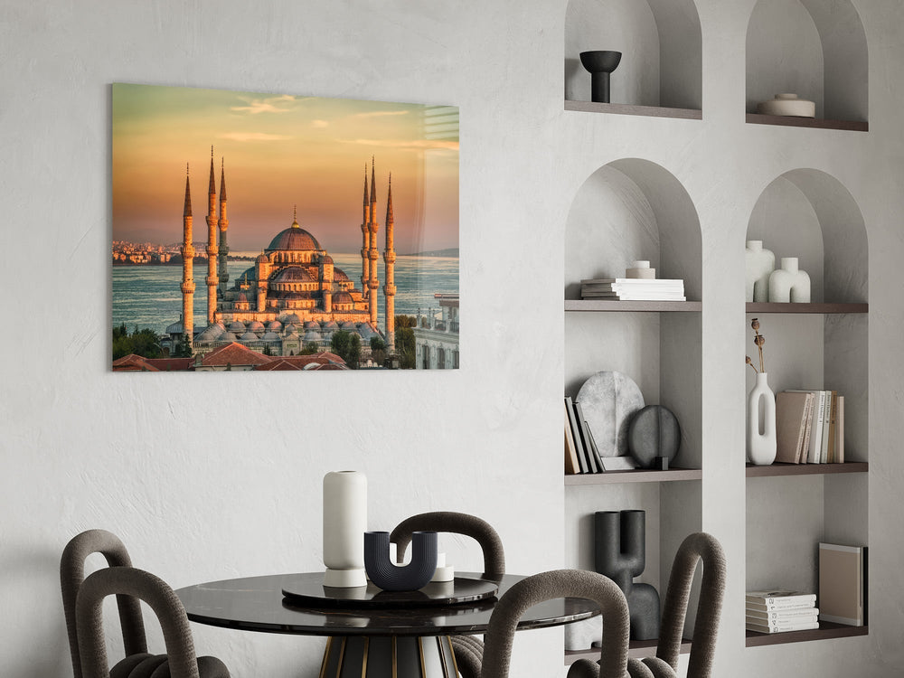 Golden Sunset Six-Minaret Mosque Glass Wall Art