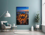 Twilight Aerial Illuminated Mosque Glass Wall Art
