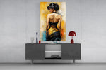 Golden Grace Woman in Black and Gold Gown Glass Wall Art