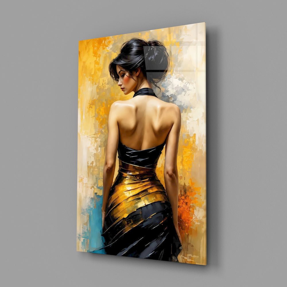 Golden Grace Woman in Black and Gold Gown Glass Wall Art