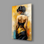 Golden Grace Woman in Black and Gold Gown Glass Wall Art
