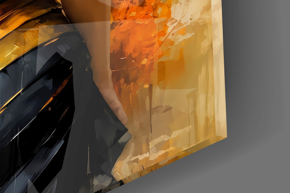 Golden Grace Woman in Black and Gold Gown Glass Wall Art