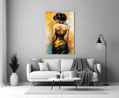 Golden Grace Woman in Black and Gold Gown Glass Wall Art