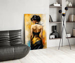 Golden Grace Woman in Black and Gold Gown Glass Wall Art
