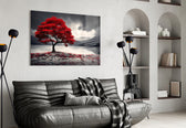 Red Maple Tree by a Misty Lake Glass Wall Art