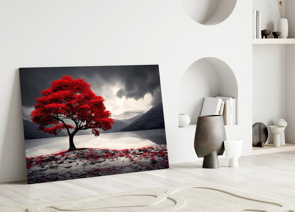 Red Maple Tree by a Misty Lake Glass Wall Art
