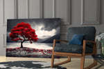 Red Maple Tree by a Misty Lake Glass Wall Art