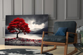Red Maple Tree by a Misty Lake Glass Wall Art