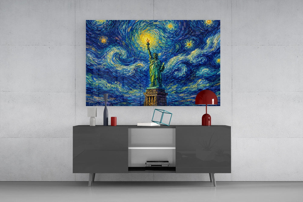 Statue of Liberty Van Gogh Style Glass Wall Art