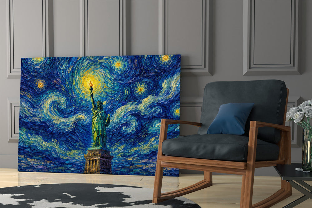 Statue of Liberty Van Gogh Style Glass Wall Art