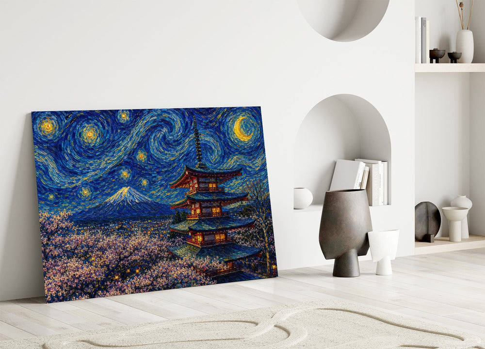 Mount Fuji Pagoda Van Gogh Style Glass Wall Art