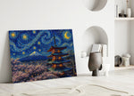 Mount Fuji Pagoda Van Gogh Style Glass Wall Art