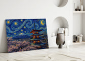 Mount Fuji Pagoda Van Gogh Style Glass Wall Art