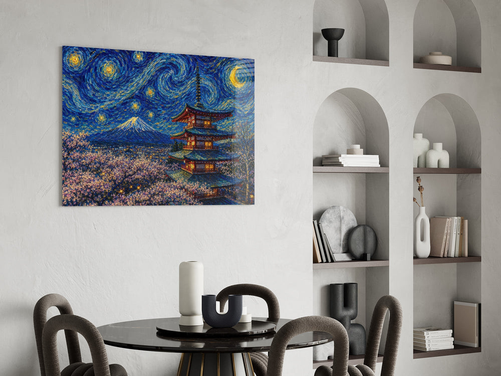 Mount Fuji Pagoda Van Gogh Style Glass Wall Art