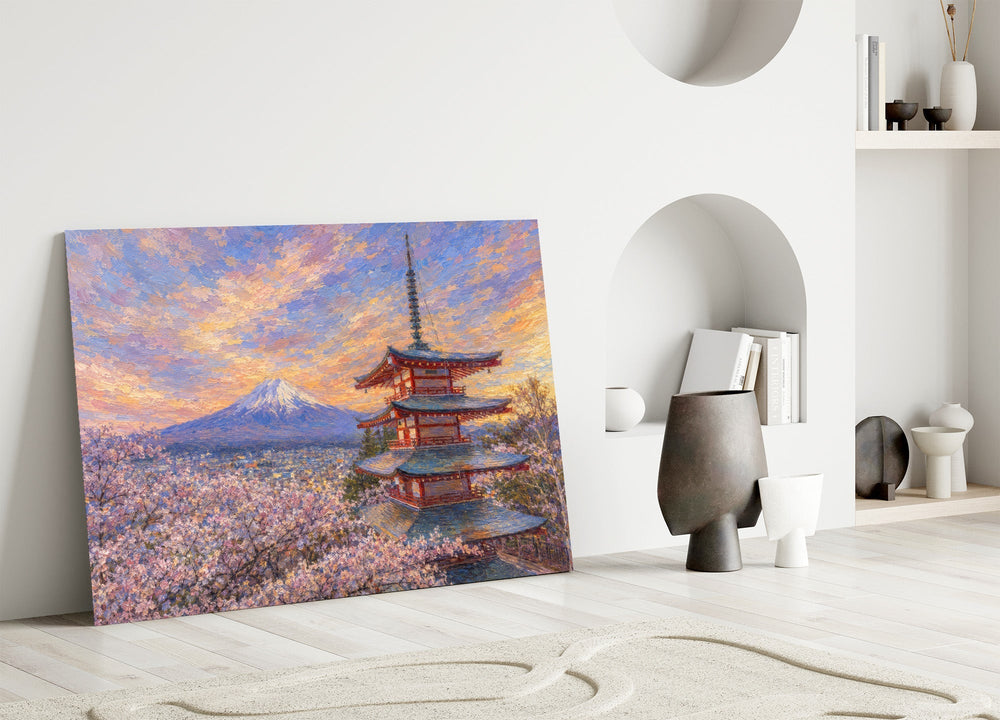 Mount Fuji Pagoda Monet Style Glass Wall Art