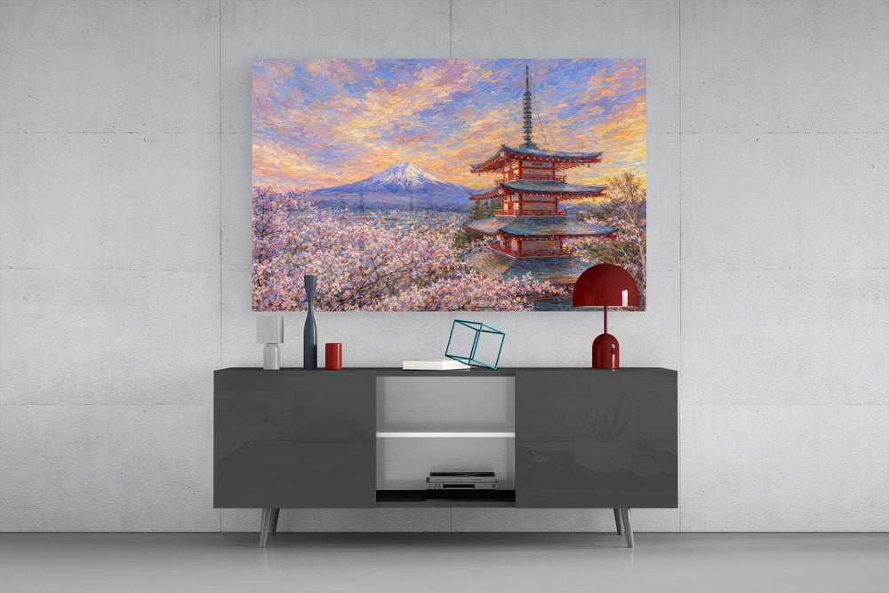 Mount Fuji Pagoda Monet Style Glass Wall Art
