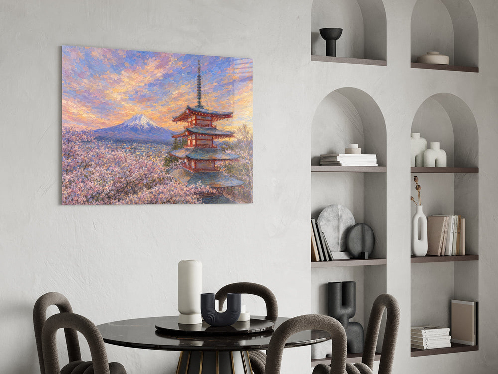 Mount Fuji Pagoda Monet Style Glass Wall Art